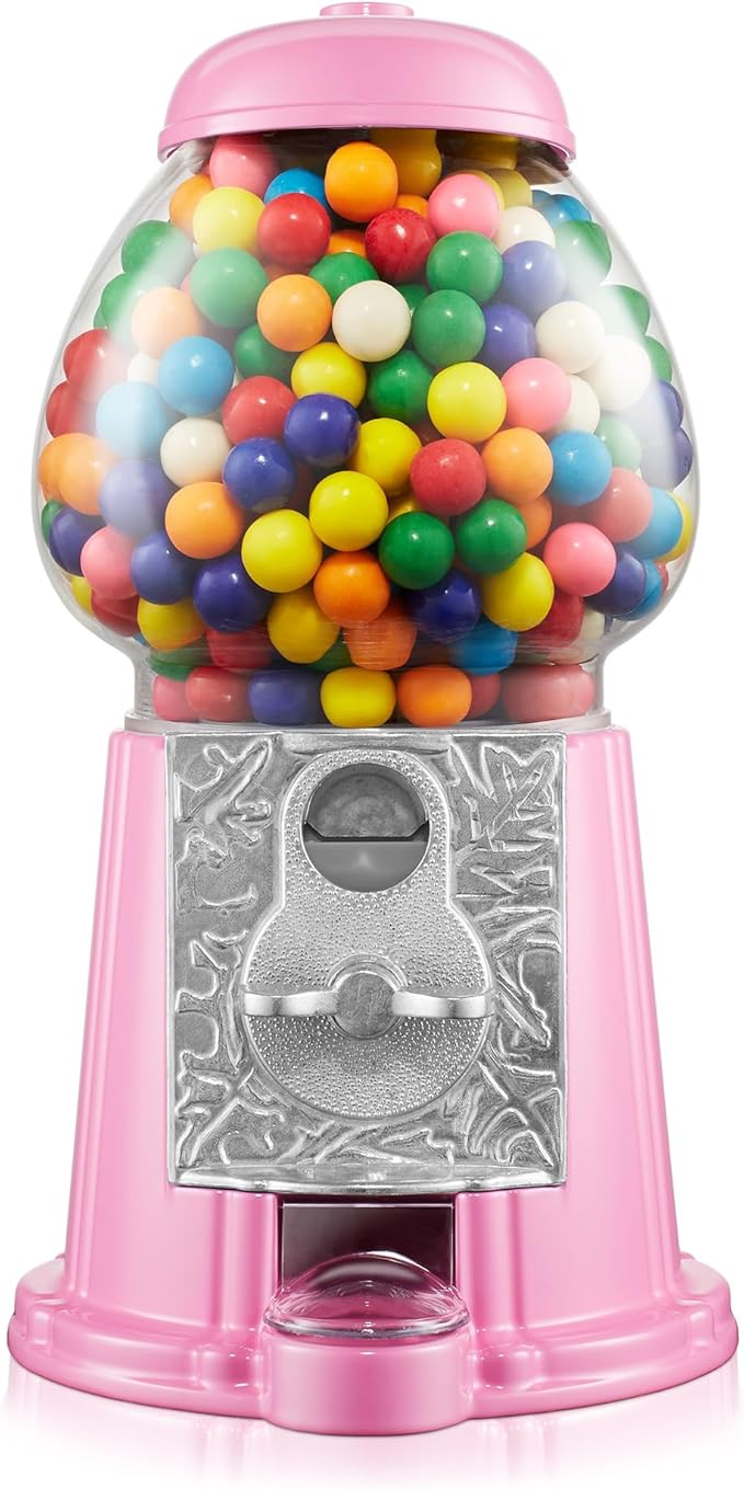 Olde Midway 12" Gumball Machine with Glass Globe and Metal Base - Pink, Vintage-Style Bubble Gum Candy Dispenser