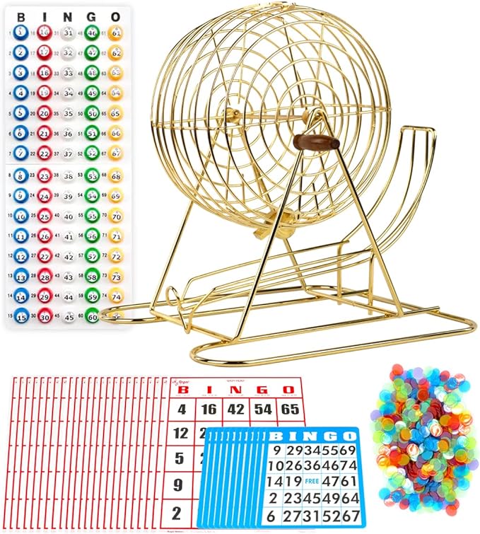 Regal Bingo Professional Bingo Game Set with 11" Wheel Cage, 75 Bingo Balls, Master Board, 18 Bingo Cards & 25 Jumbo Reusable Cards, and Colorful Chips - Bingo Games for Adults Large Group - Gold