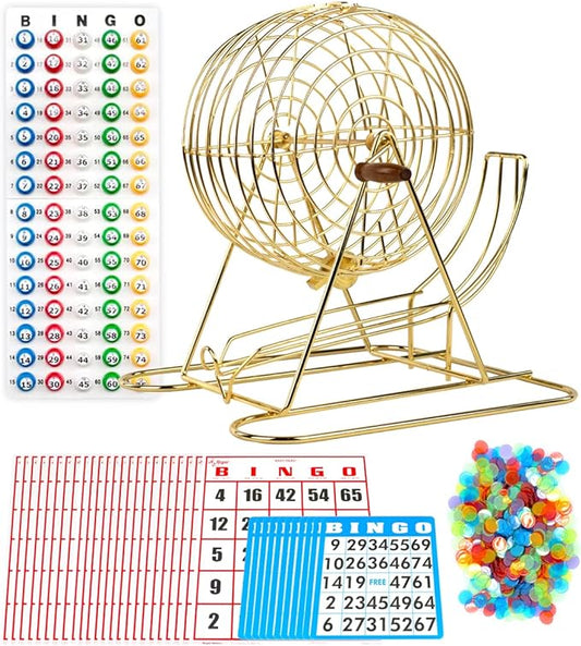 Regal Bingo Professional Bingo Game Set with 11" Wheel Cage, 75 Bingo Balls, Master Board, 18 Bingo Cards & 25 Jumbo Reusable Cards, and Colorful Chips - Bingo Games for Adults Large Group - Gold
