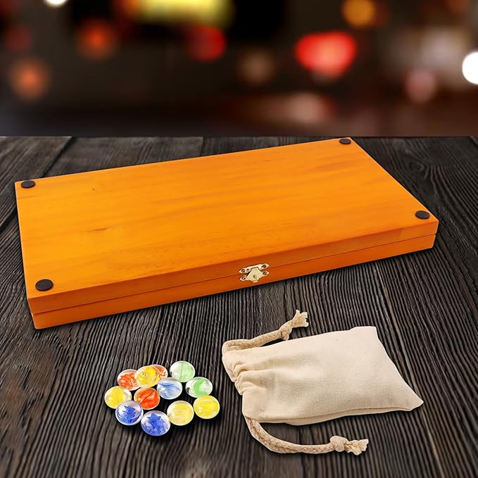 GSE Games & Sports Expert 4-Player Mancala Board Game with Multi-Color Glass Stones, Folding Wooden 4-Way Mancala Family Travel Strategy Games Set for Kids & Adults (Oak)