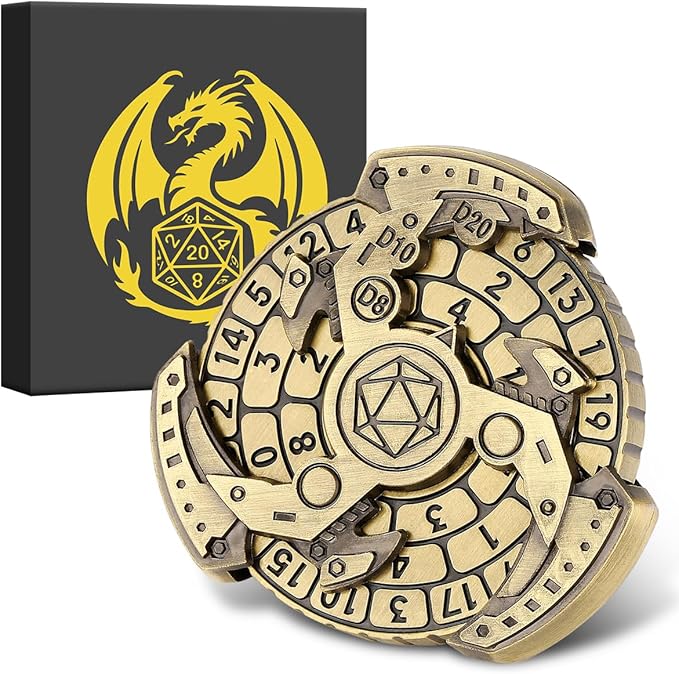 Spinner DND Dice Set, 7-in-1 Fingertip Gyro Metallic D&D Dice, DND Starter Set, Roulette Dice Spinner for DND Dice Set, D&D Gifts with Gift Box, Role Playing Game Board Game Accessories, Bronze