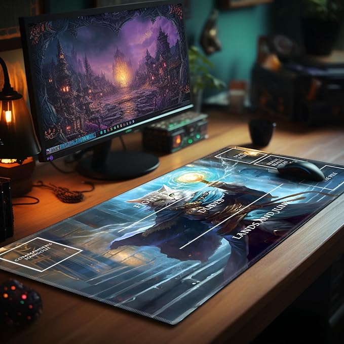 Playmat with Zones for MTG Card Game Playing, 24"x14" Commander Deck Gaming Desk Duel Mat Card Gameplay Mats for Beginner, Cat Wizard Casting Spell