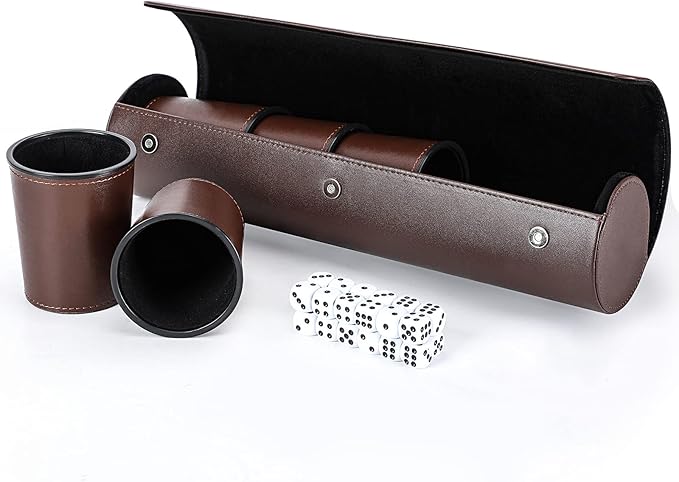 Party Games Leather Dice Cup Set, 5 Black Dices Cups + 25 Dice + Exclusive Storage and Transport Case Made of Faux