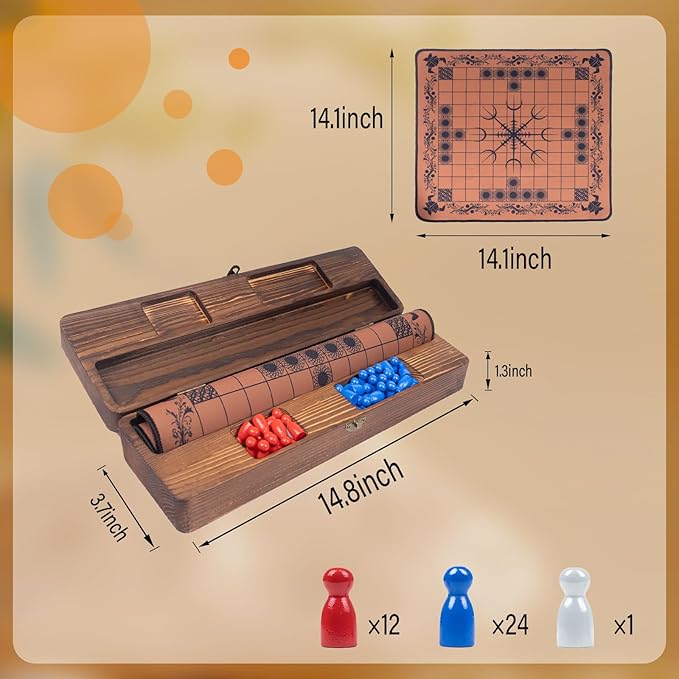 Hnefatafl Viking Chess Board Set,Two Player Strategy Board Game with A Wooden Storage Box, A Rubber Viking Chess Mat and 37pcs Colorful Chess Pieces