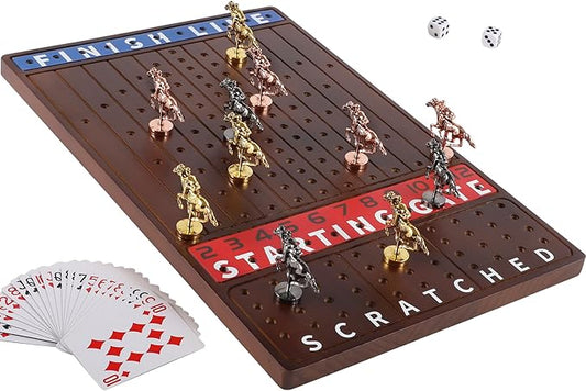 Horse Race Board Game Finish Line Racing Game with 11 Luxurious Metal Horses with 4 Dice and 2 Boxes of Cards Solid Wood Horse Racing Game Board Color Box Packaging (Small, Walnut Color)