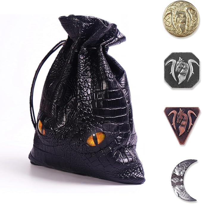 Byhoo 145 PCS Metal DND Coins & Leather Bag, Contains 60 Gold Coins, 40 Sliver Coins, 40 Copper Coins and 5 Platinum Coins, Tokens with Glow in The Night Eyes Bag for RPG Tablelap Games