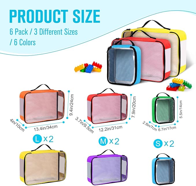 6 Pack Toy Storage Bags, Reusable Board Game Storage Bag with Visible Top, Label Slot, Manual Pocket&Handle, Travel Organizer Case for Bricks, Building Blocks, Puzzle, Car Toys, 3 Different Size