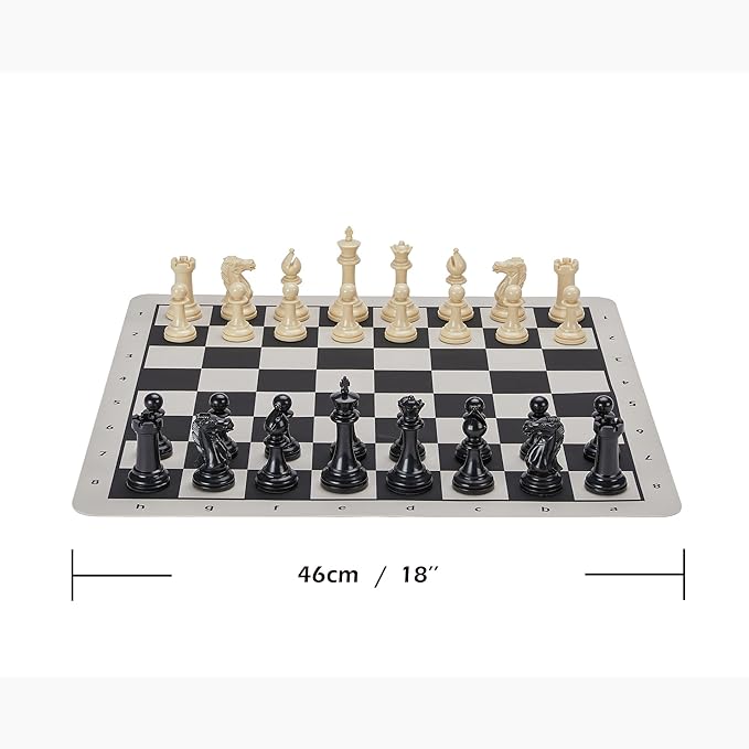 Conqueror Tournament Travel Chess Set 18''x18'' Foldable Silicone Chess Board / 3.5'' King Height Plastic Double Weighted Classic Staunton (Black and White Chessboard)