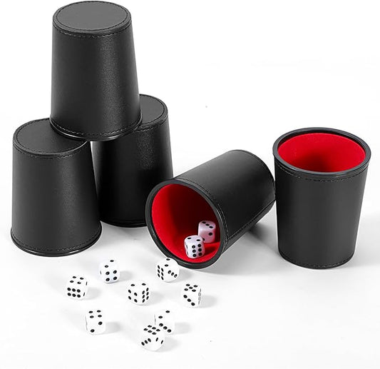 5X Dice Cup Set, PU Leather Dice Shaker Cups with 30 Dices for Bar Party Yahtzee Farkle Dice Games, Coffee (5, Black Red)