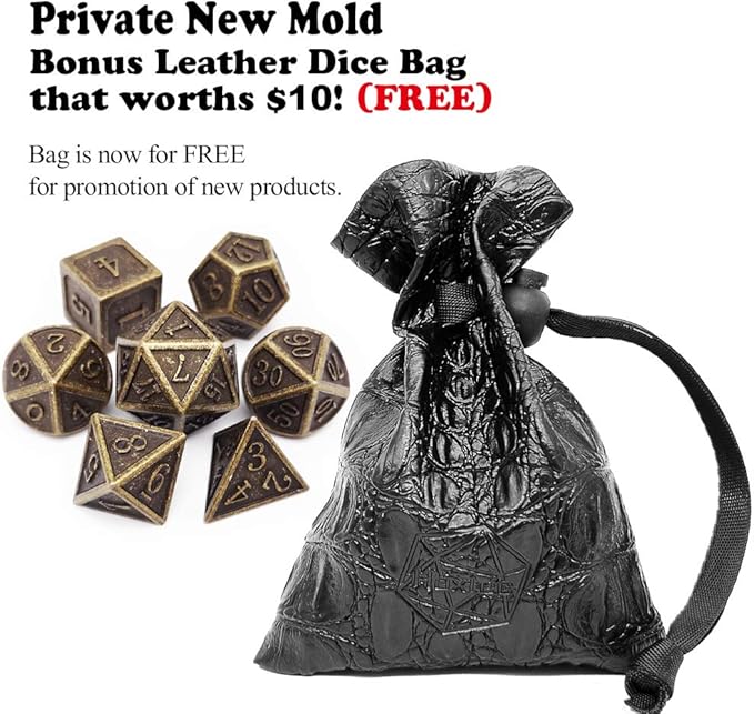 Haxtec DND Metal Dice Set 7PCS D&D Dice of D20 D12 D10 D8 D6 D4 for Dungeons and Dragons RPG Dice Games-Antique Bronze Dice