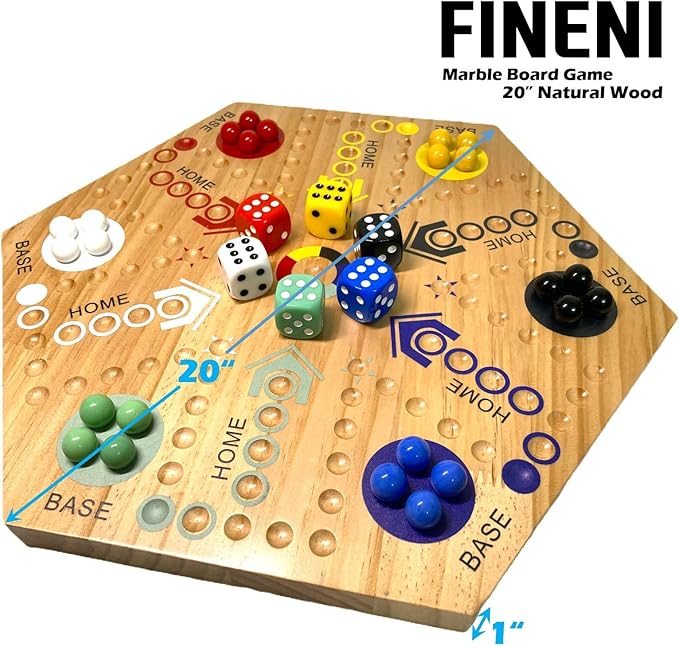Wooden Board Games, Marble Board Game Original with Dual Sides Fast Track Games for 2 to 6 Players, Double Side Marble Boards, 6 Colors 30 Marbles and 6 Color 6 Dice, Pouch (20" Log)
