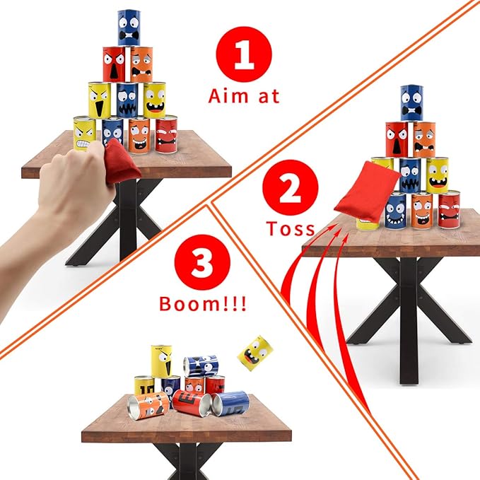 Halloween Bean Bag Toss Game for Kids & Family, Carnival Party Game with 10 Funny Face Cans & 4 Bean Bags