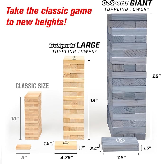 GoSports Giant Wooden Stacking Game - Stacks Up to 5 ft - Choose Brown Wood Stain, Gray, Natural, Stars & Stripes, or Tropical Hardwood - Toppling Tower