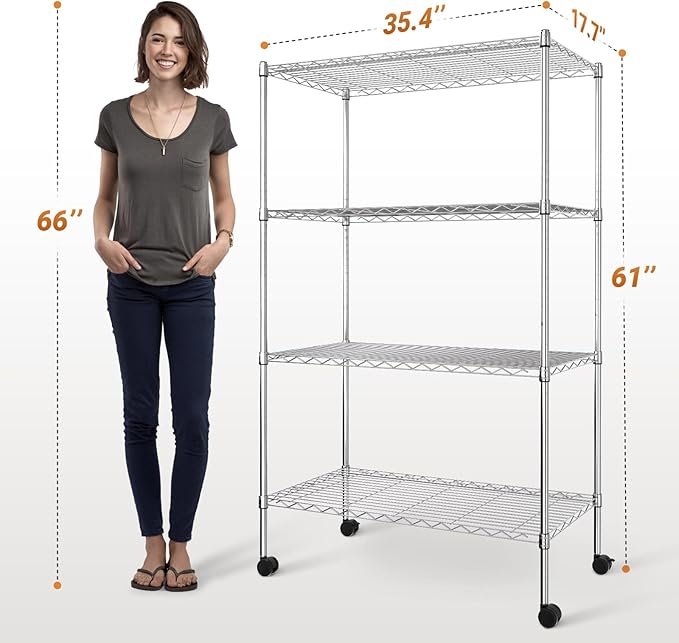 YSSOA Heavy Duty 4-Tier Shelving with Wheels, 35.43" D x 17.72" W x 61.02" H Adjustable Steel Organizer Wire Rack 1400 Lb Capacity, Chrome