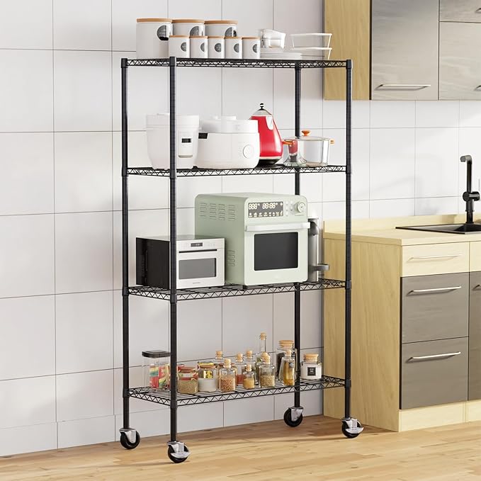 FDW 4-Tier Wire Shelving Unit Adjustable Garage Shelving 1400 lbs Weight Capacity Storage Shelves with Wheels for Home Kitchen Garage Commercial, 14" Dx36 Wx62 H, Black