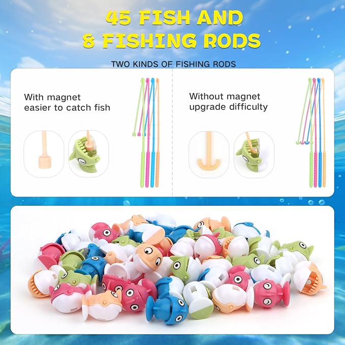 Magnetic Fishing Games Set - Educational Toddler & Kids Fishing Toys | 45 Fish, 8 Poles, Rotating Board with Music & LED | Ideal Go Fish Toy for Fun!