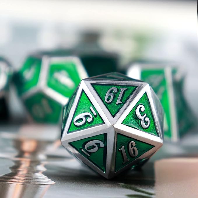 Haxtec 7 Die Metal DND Dice Set Green Elven Goblin D&D Dice Set for Dungeons and Dragons RPG Gaming-Silver Emerald Green Elvish Dice