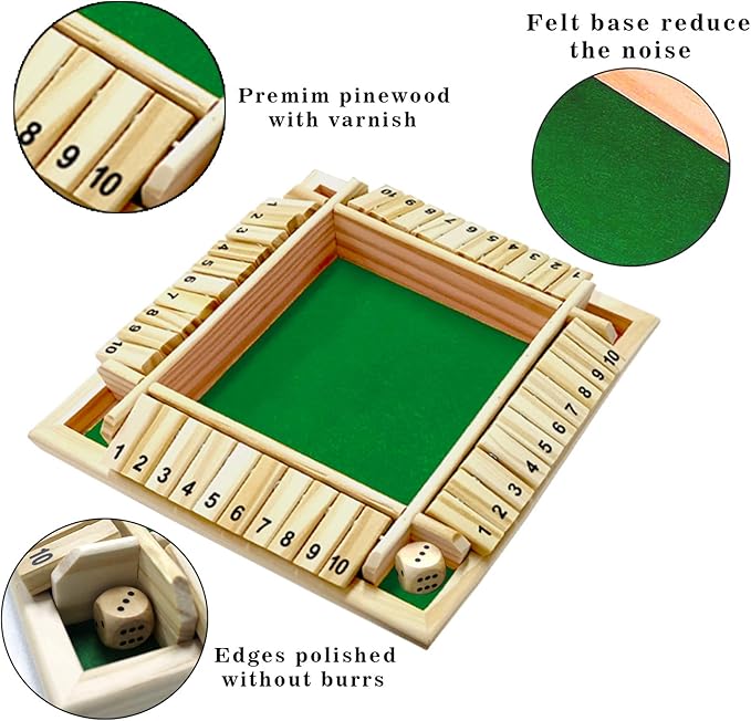 DC-BEAUTIFUL Shut The Box Dice Game, 2-4 Players Classic Board Game for Adults, Wooden Tabletop Game with Dices and Instruction,Math Strategy Game for Christmas Party (Green)