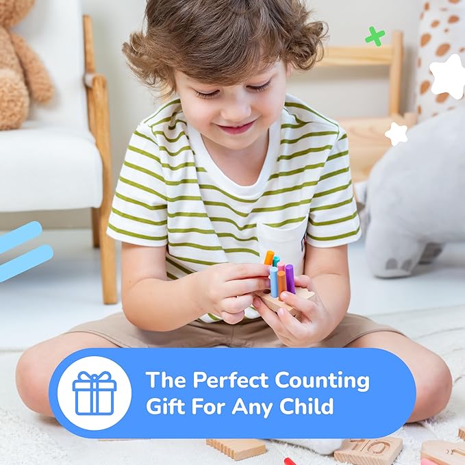 Bimi Boo Counting Peg Boards and Number Tracing for Kids - Wooden Montessori Math Toy for Toddlers and Preschoolers - Math Manipulatives for Kindergarten (55 Pegs, 10 Boards, 1 Pen)