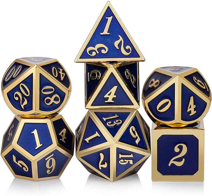 DnDnD Heavy Polyhedral Metal Dice Set with Metal Box, 7-die Shiny Blue Surface with Golden Number for RPG,Dungeons and Dragons,Pathfinder,Shadowrun,D&D,Role Palying Game and Math Teaching