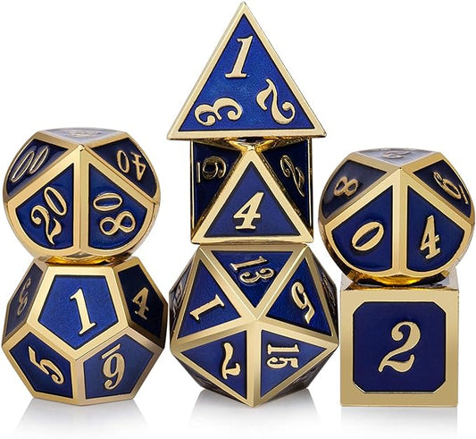DnDnD Heavy Polyhedral Metal Dice Set with Metal Box, 7-die Shiny Blue Surface with Golden Number for RPG,Dungeons and Dragons,Pathfinder,Shadowrun,D&D,Role Palying Game and Math Teaching