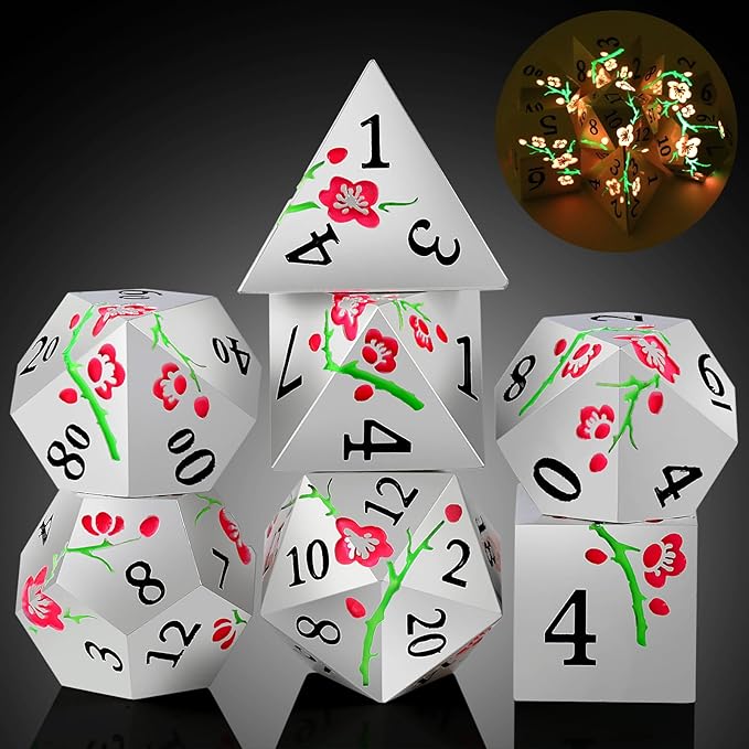 Metal DND Dice, DNDND 7 PCS Glow in The Dark Metallic D&D Dice Set with Gorgeous Gift Case for Dungeons and Dragon Tabletop Game (Glow in The Dark Pink)