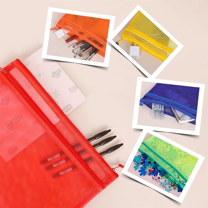 10 Pack 5 Color Mesh Zipper Pouch Bags, Nylon Puzzle Building Block Sets Toy Storage & Organization, Breathable See Through A4 Zipper Pouch with Handle for School Games