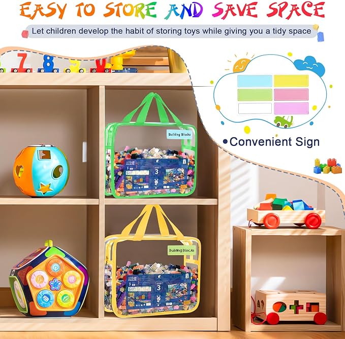 6 Packs Clear Toy Storage Bags with Zipper & Labels, Clear PVC Toy Organizer Bags Reusable with Pocket for Board Games, Building Blocks, Puzzles, Toys