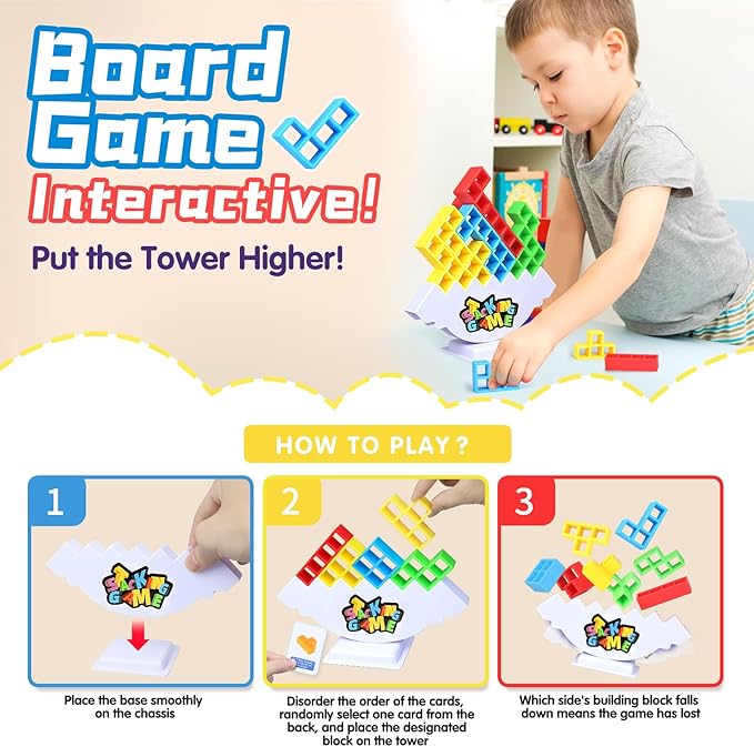 96PCS Stack Game for Adult & Kids, Tetra Board Tower Games for Family Travel Party, 4 Players Balance Stacking Toy, Team Toys Building Block