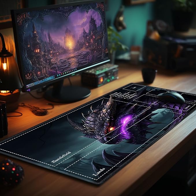MTG Playmat Stitched with Magic Zone for MTG Card Game Playing, Commander Board Game Desk Mat Duel Mat Card Battles Binder Deck 24x14inches for Beginner, Dragon