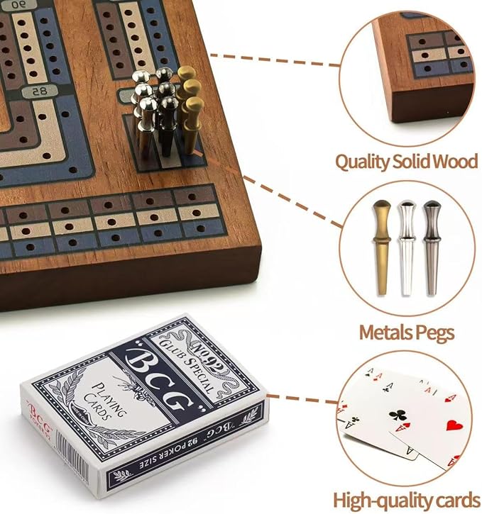 Wooden Cribbage Board Game Set, Travel Cribbage Board with Storage and Collapsible, with Magnetic Lock / 9 Metal Pegs/Full Deck of Cards, Family Board Games for Kids and Adults