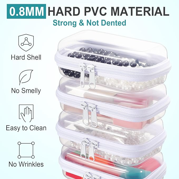 Hoolerry 4 Pcs Hard Clear Zipper Case Transparent Cases for Snacks Makeup Bag Plastic Storage Box Containers for Building Blocks, Puzzles, Cosmetics(White,5 x 3 x 2 in)