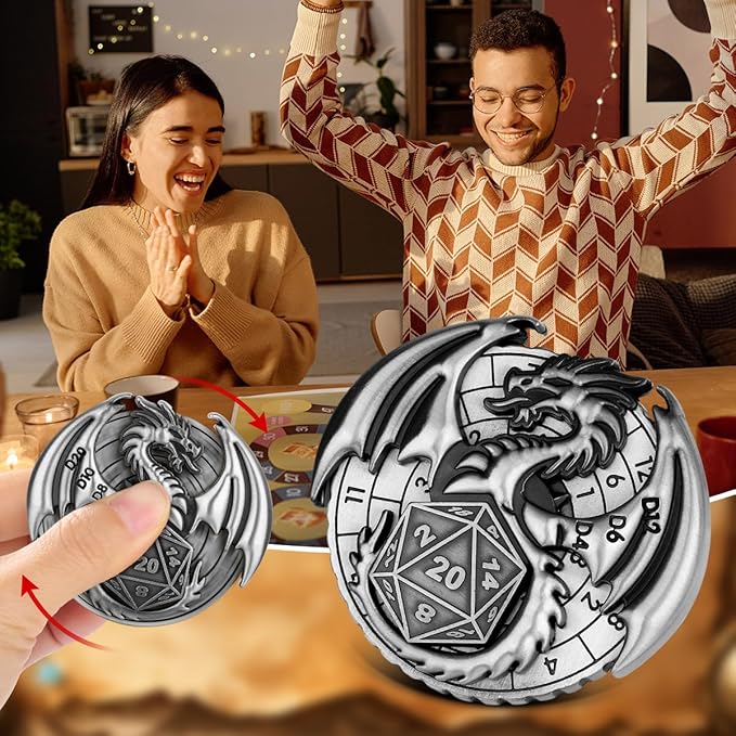 Spinner DND Dice Set, 7-in-1 Fingertip Gyro Metallic DND Dice, DND Starter Set, Dragon Dice Spinner for DND Dice Set, D&D Gifts with Gift Box, Role Playing Game Board Game Accessories, Dark Silver