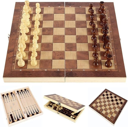 Chess Set，Folding Storage Wooden Chess Board Sets，3 in 1 Chess Board Game for Adults and Kids （Chess，Backgammon，Checkers），Exquisite Wooden Chess Set