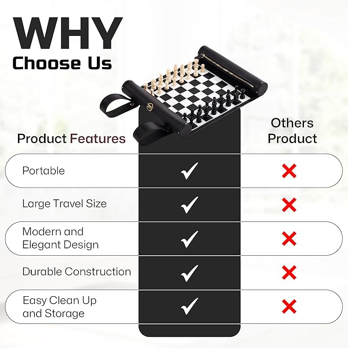 Roll Up Chess Set - 11" Foldable Leather Chess Mat with Wooden Chess Pieces - Portable Travel Chess Set with Straps - Perfect Chess Game for Airplane, Camping, and More (Black)