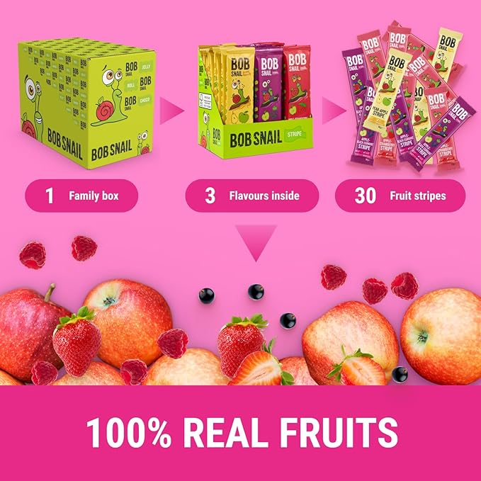 BOB SNAIL Healthy Organic Fruit Snacks for Kids and Adults–30 Organic Fruit Leather Snacks with Apple-Pear, Strawberry, Black Currant–Vegan Low-Carb Variety Pack Strips for Kids–Sugar Free Jerky Bars