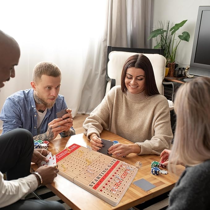 Horse Racing Board Game Set for Adults ， 21-Inch Foldable Solid Wood Adult Board Games with 11 Metal Horses, 2 Dice, and 2 Boxes of Cards for Adults Family Game Night Tabletop Game Party