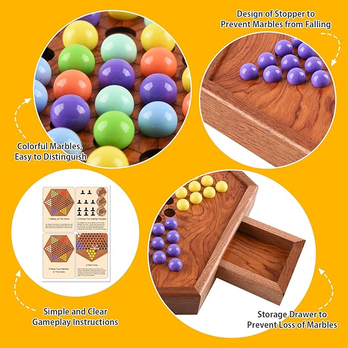 Large 15" Chinese Checkers Board Game for 2-6 Player Wooden Game Board, 16mm 60+12 Colorful Acrylic Marbles, Easy Grasping for Adults and Kids, with Storage Drawer, Fun for Family Gathering