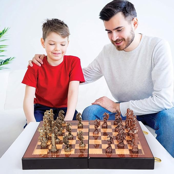 Vintage Figurine Metal Chess Set for Adults and Kids – Wooden Chess Board with Metal Chess Pieces Travel Chess Set with Metal Chessmen – Collectible Elegant Chess Game – Family Vintage Board Game