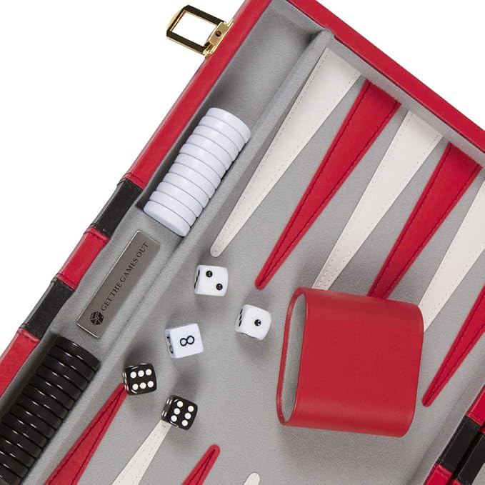 Get The Games Out Top Backgammon Set - Small Travel Size Classic Board Game Case - Best Strategy & Tip Guide (Red, Small)