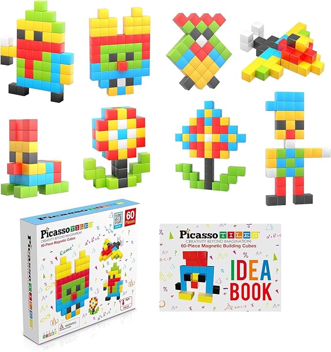 PicassoTiles 60 Pieces 1" Magnetic Building Blocks, 3D Construction Cubes Magnet Sensory Toys Gifts with Free Idea Book for Kids, Toddlers & Babies - PMC60