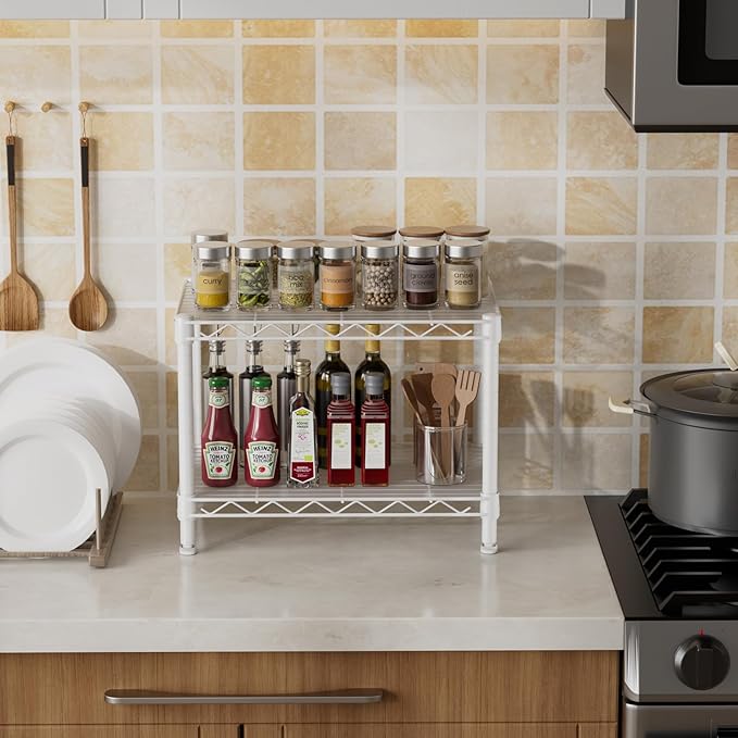 Small 2 Tier Shelves Storage Wire Shelving Unit Metal Shelf Adjustable Organizers Storage Shelving with Wheels for Bathroom Laundry Room Kitchen Pantry12”D x 18”W x 12.2”H White