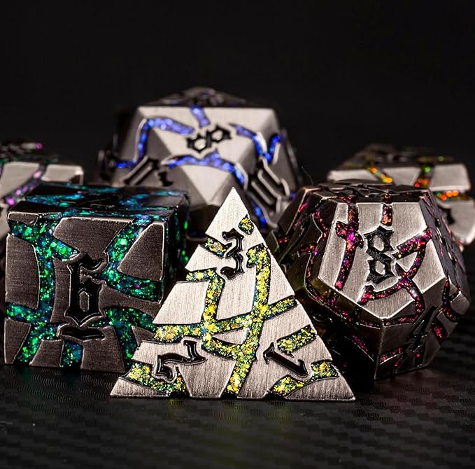 Metal Dice Set D&D,Crack Metallic DND Dice Set with Box, Metal Glitter RPG Dice for Dungeons and Dragons Table Game(Antique Nickel 7 Colors)