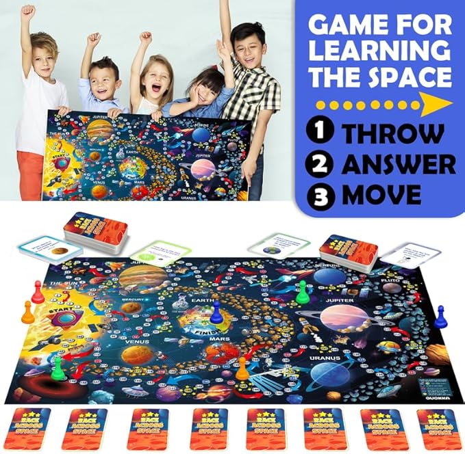 QUOKKA Space Board Game for Kids 8-12 - Learning Family Game for Teens and Adults - 130 Question Cards - Top Facts - Play Indoor & Outdoor - Educational Solar System Toy for 6 10 Year Olds