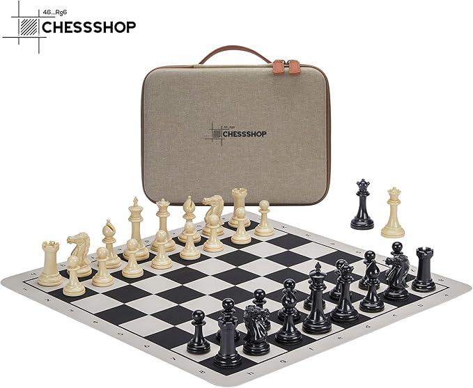 Conqueror Tournament Travel Chess Set 18''x18'' Foldable Silicone Chess Board / 3.5'' King Height Plastic Double Weighted Classic Staunton (Black and White Chessboard)