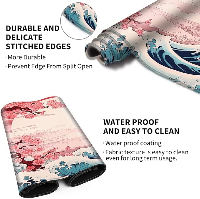 Playmat 24" x 14" Game Mats Tabletop Magic for MTG/TCG Cards, Trading Card Game Playing Stitched Play Mats Commander Deck Gaming Desk Mat Card Gameplay Mats, Japanese Sakura Wave