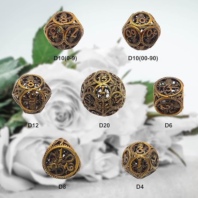 DND Dice,Hollow D&D Metal Dice,Unique Round Ball Design Octopus Dice with Gift Box for Dungeons & Dragon Gaming,7 PCs Steampunk Polyhedral D and D Dic(Ball Octopus Ancient Gold)