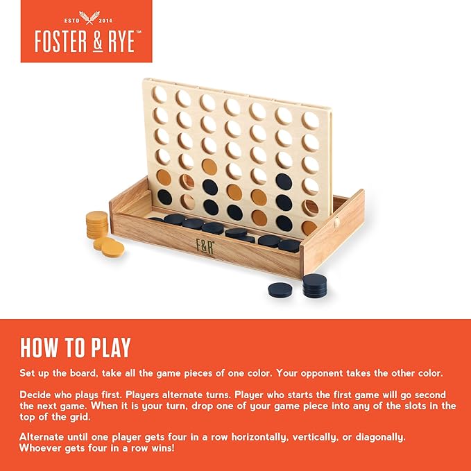 Foster & Rye Four and Win - Classic Board Game, Games for 2 Players Vintage Wood Design - Board Game Tabletop