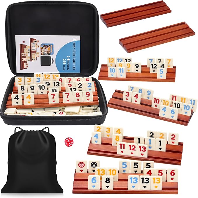 Rummy Cube 6-8 Players with 8 Wooden Racks 214 Large Number Rummy Tiles Travel Size Rummy Cube Game with Case 8 Players Travel Game Set for Fun Family Board Games