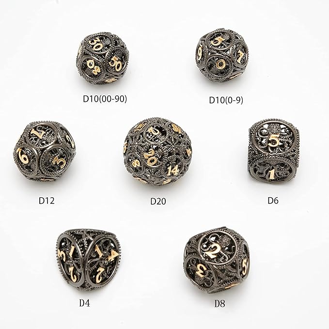 DND Dice,Hollow D&D Metal Dice,Unique Round Ball Design Octopus Dice with Gift Box for Dungeons & Dragon Gaming,7 PCs Steampunk Polyhedral D and D Dic(Ball Octopus Black Gold)